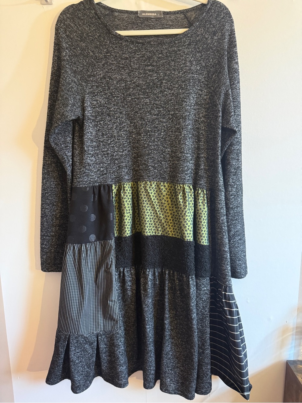 Alembika Patchwork Mixed Media Midi Dress Gray Black Long Sleeve Size 2 L XL
